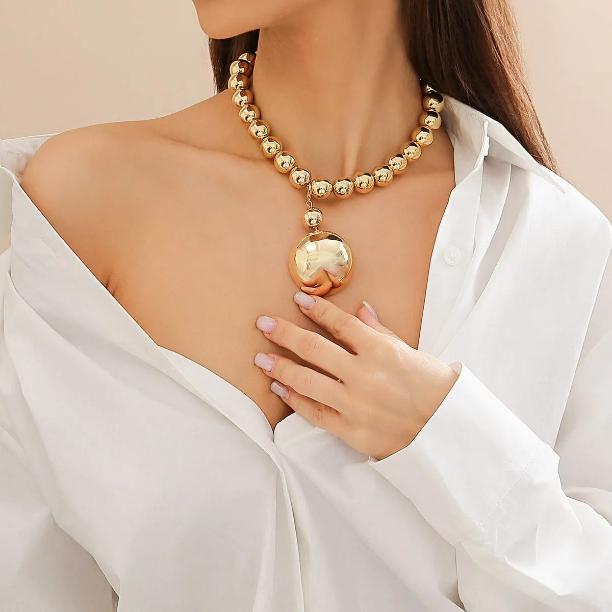 Trendy Chunky Gold Silver Tone Ball Pendant Choker Necklace