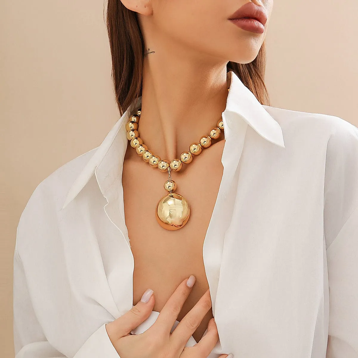 Trendy Chunky Gold Silver Tone Ball Pendant Choker Necklace