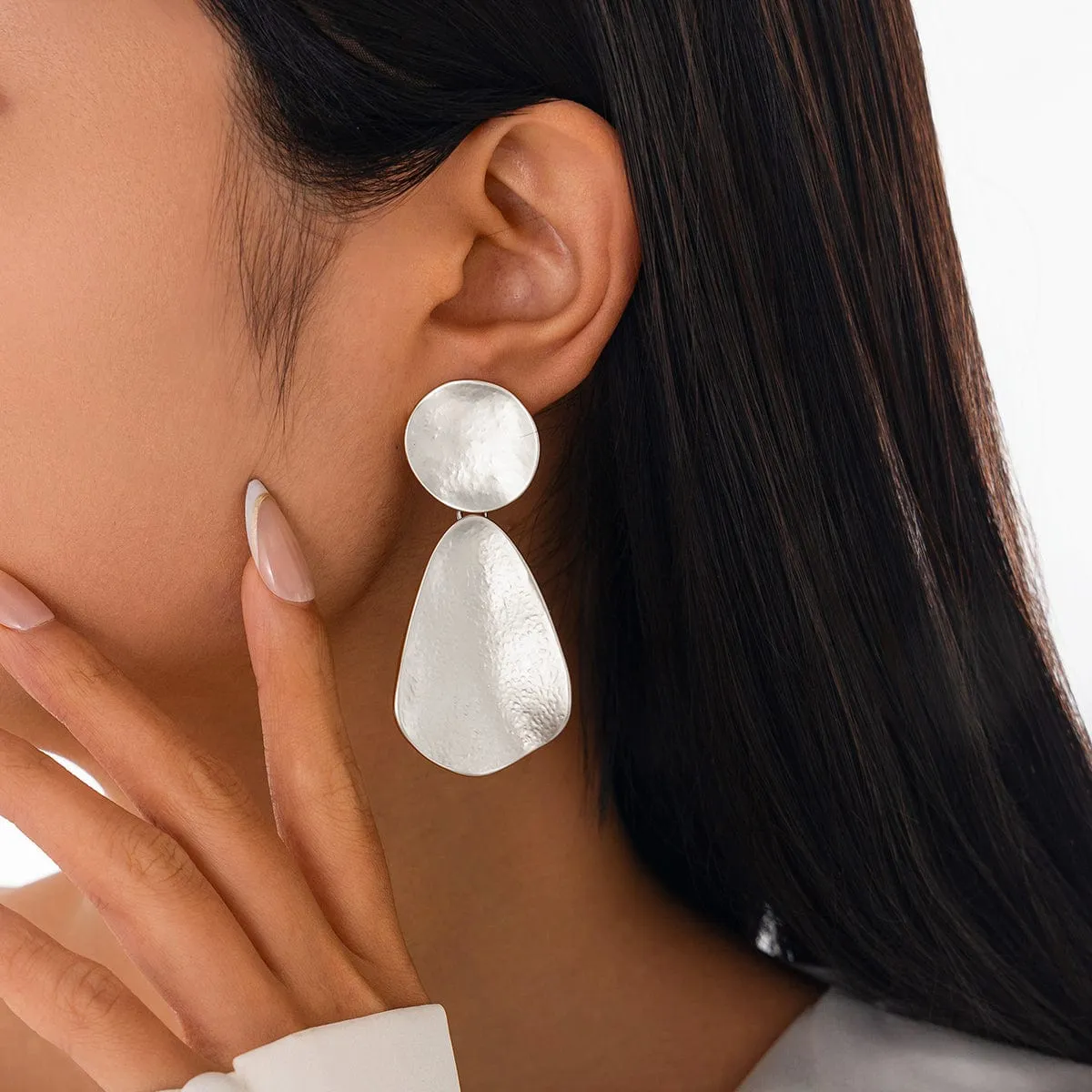 Trendy Chunky Gold Silver Tone Hammered Dangle Earrings