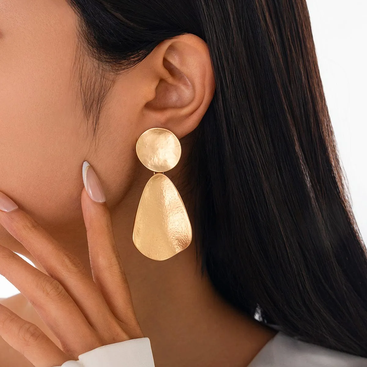 Trendy Chunky Gold Silver Tone Hammered Dangle Earrings