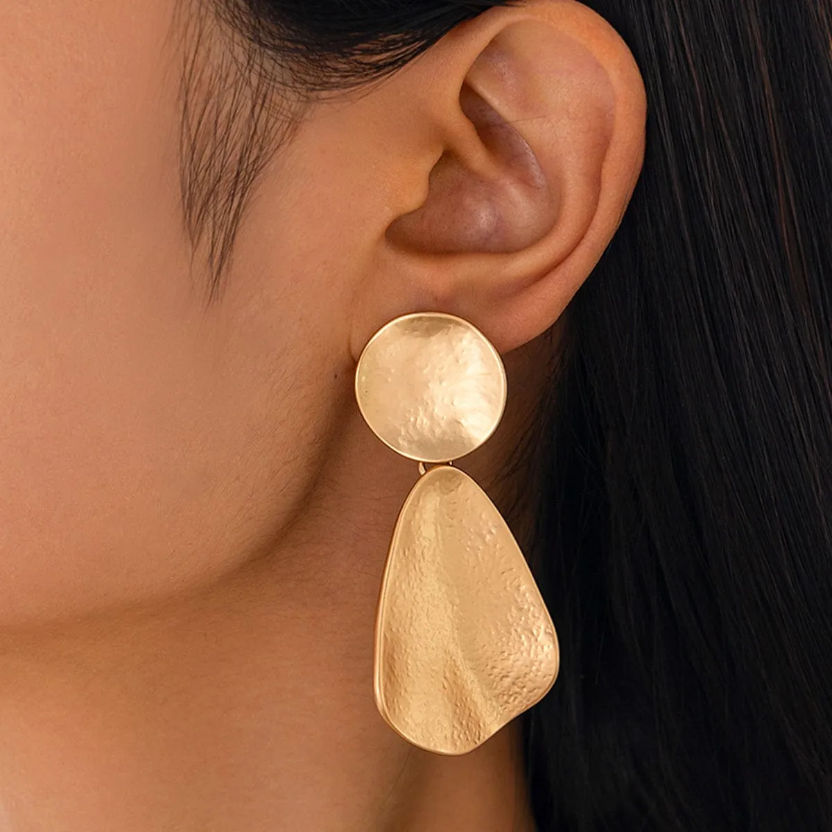 Trendy Chunky Gold Silver Tone Hammered Dangle Earrings