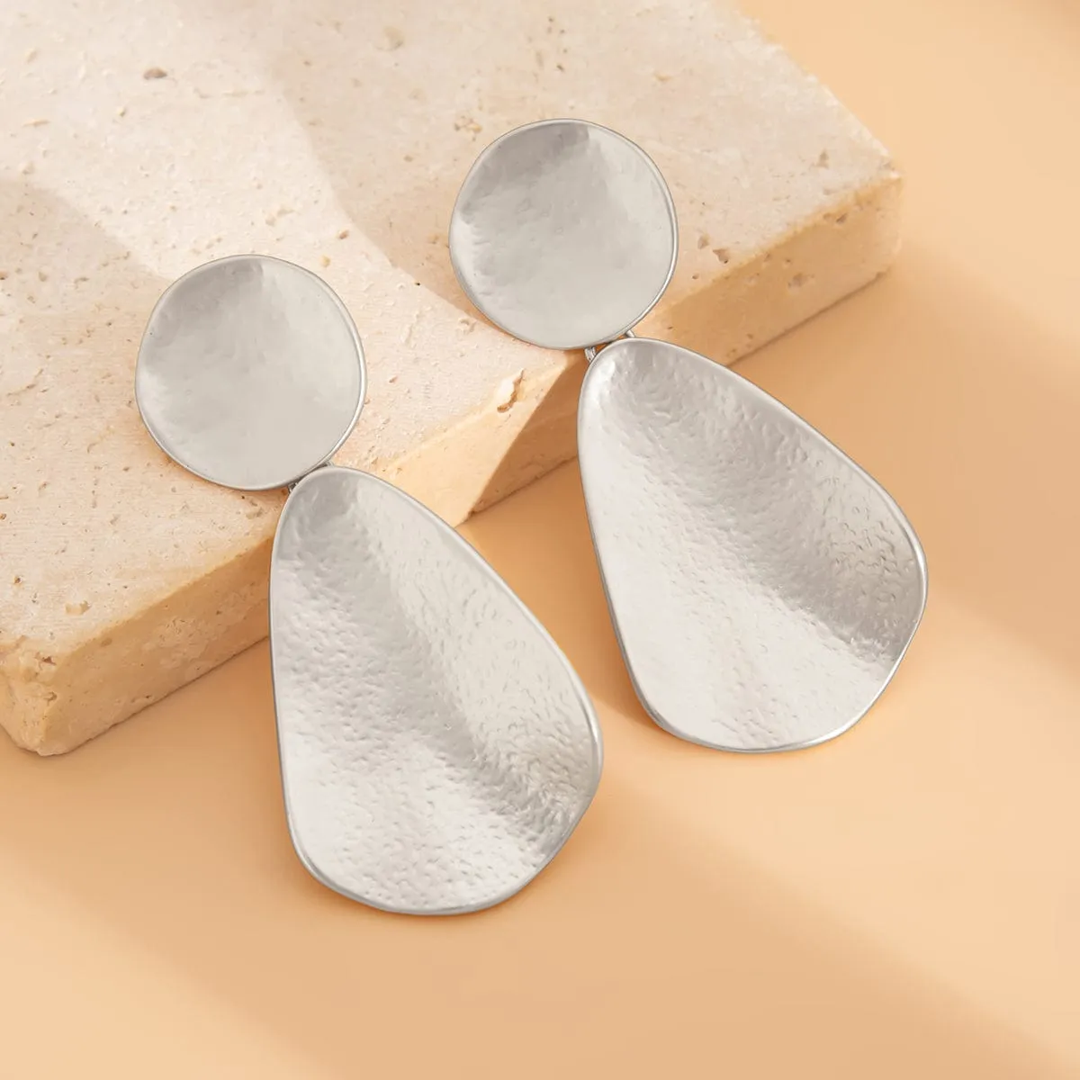 Trendy Chunky Gold Silver Tone Hammered Dangle Earrings