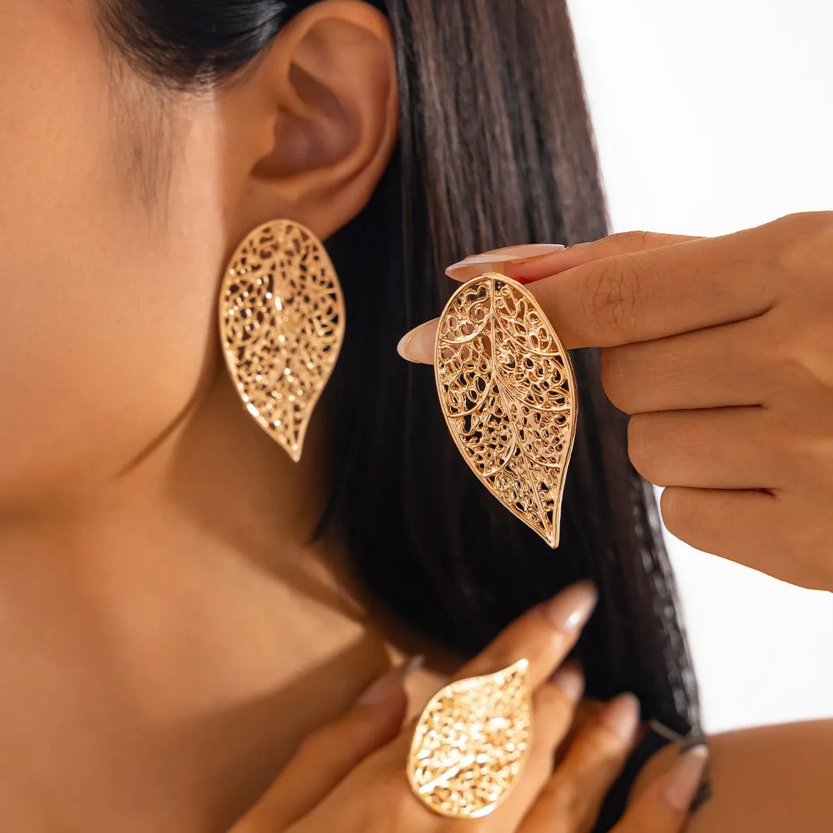 Trendy Chunky Hollow Leaf Earrings Ring Set