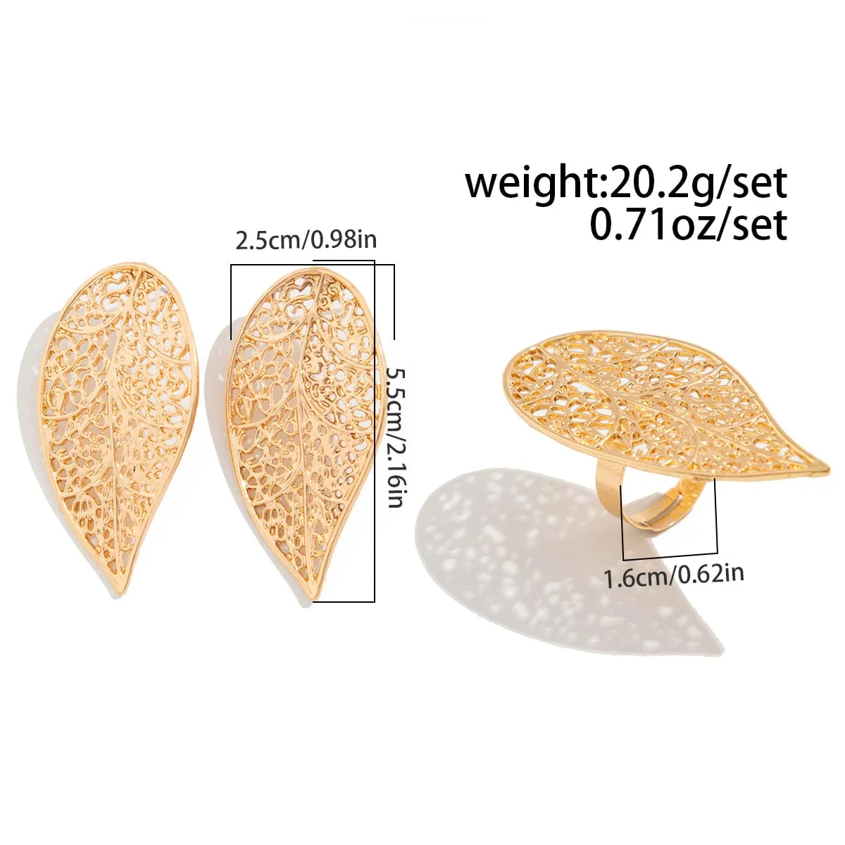 Trendy Chunky Hollow Leaf Earrings Ring Set