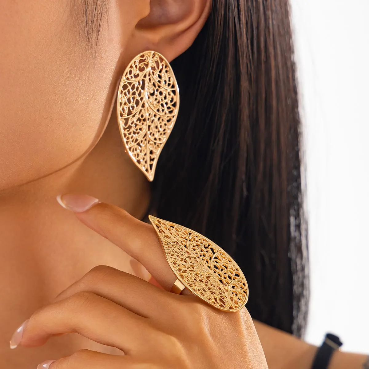 Trendy Chunky Hollow Leaf Earrings Ring Set