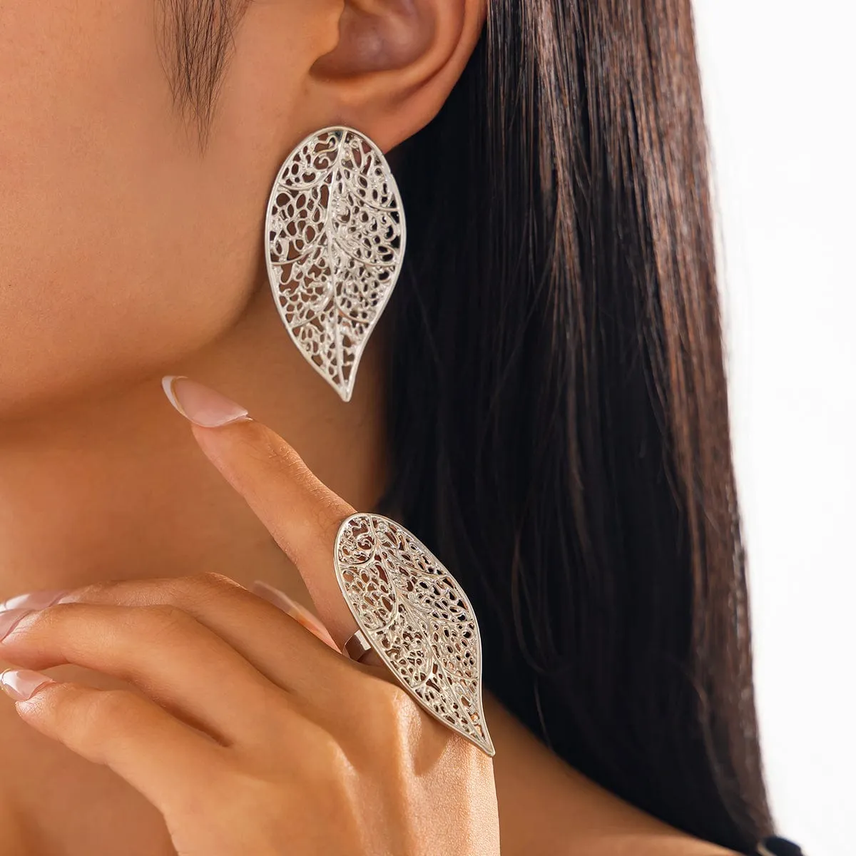Trendy Chunky Hollow Leaf Earrings Ring Set