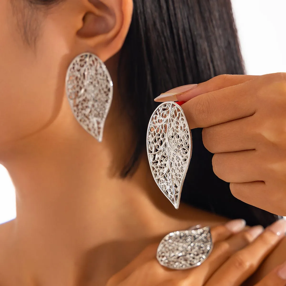Trendy Chunky Hollow Leaf Earrings Ring Set