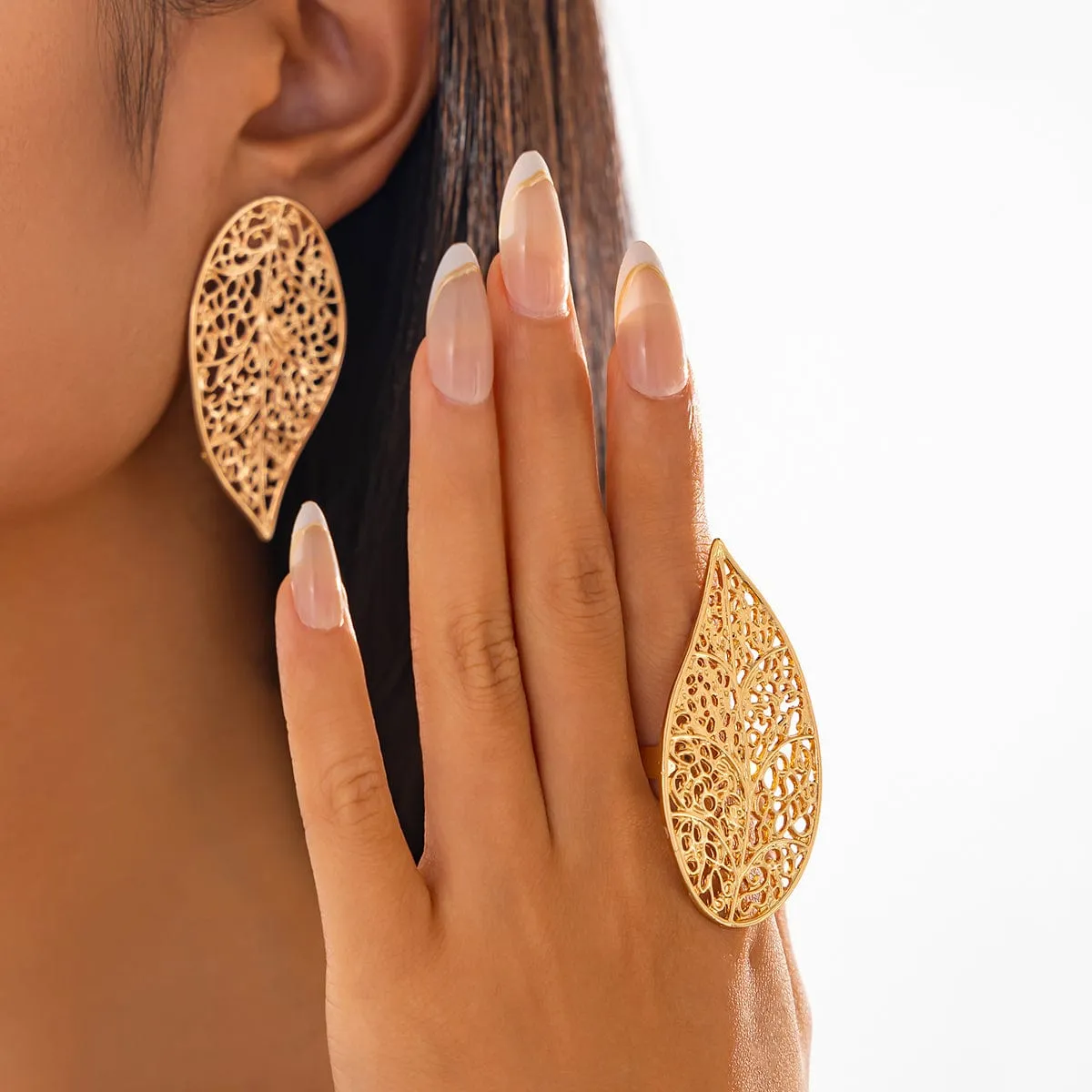 Trendy Chunky Hollow Leaf Earrings Ring Set