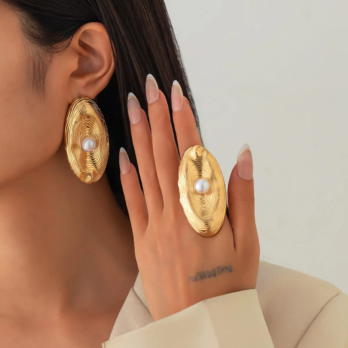 Trendy Chunky Textured Oval Pearl Earrings Ring Set
