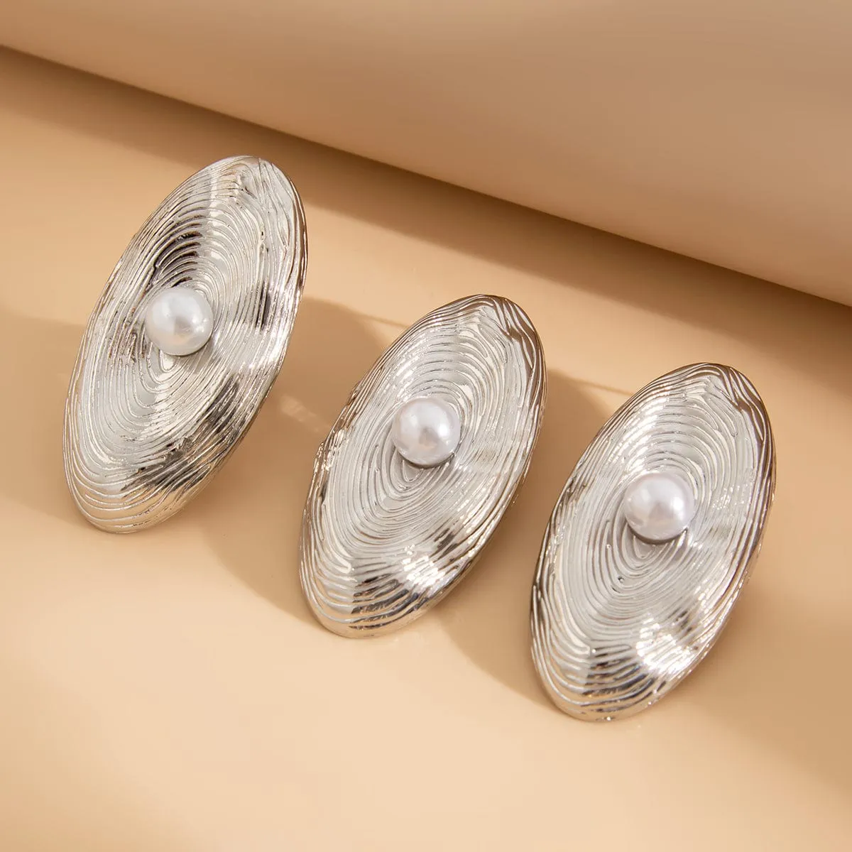 Trendy Chunky Textured Oval Pearl Earrings Ring Set