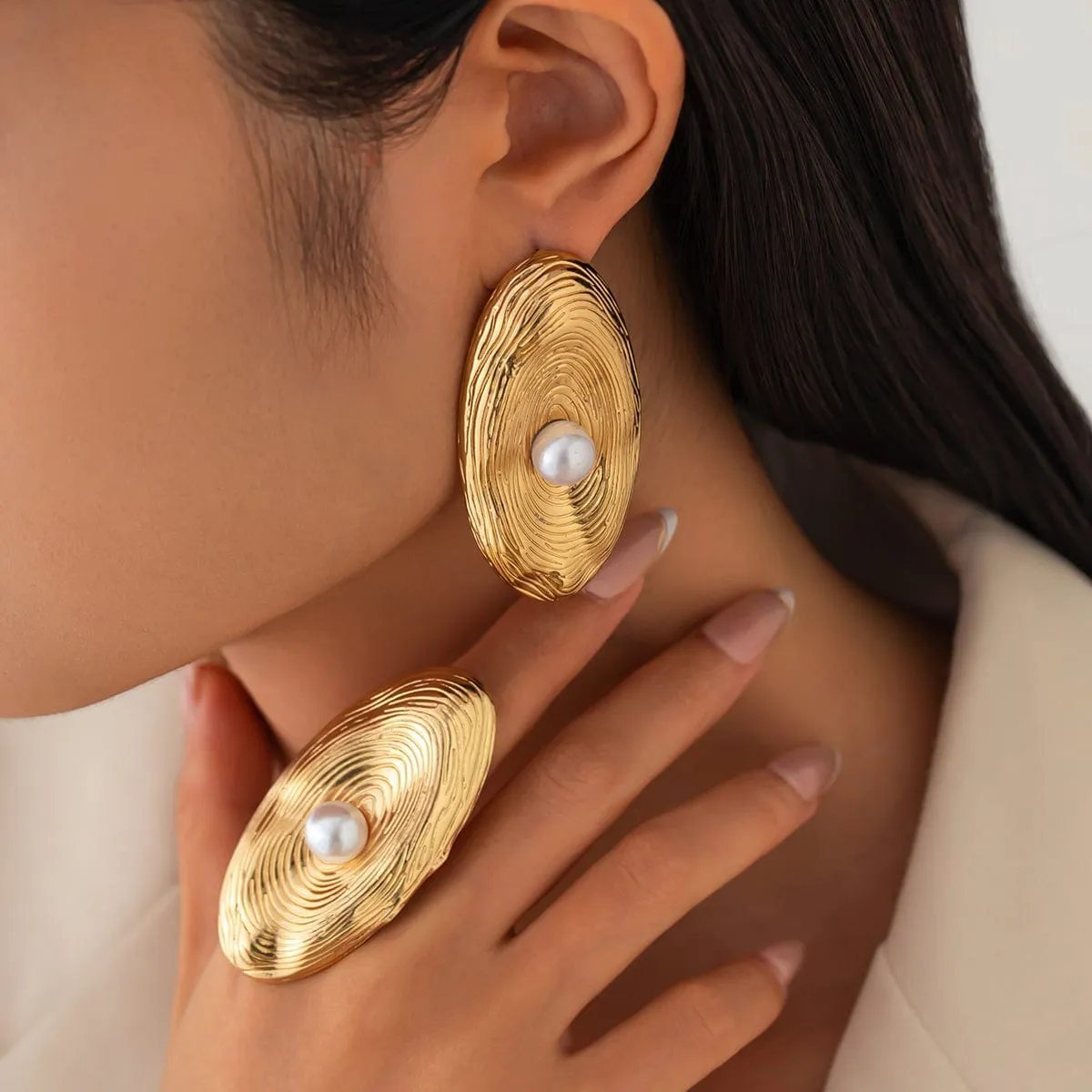 Trendy Chunky Textured Oval Pearl Earrings Ring Set