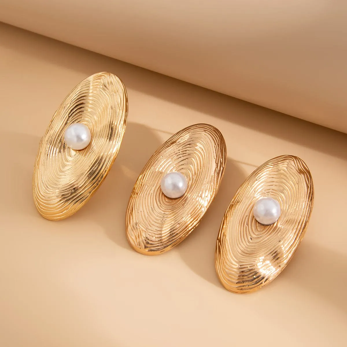 Trendy Chunky Textured Oval Pearl Earrings Ring Set