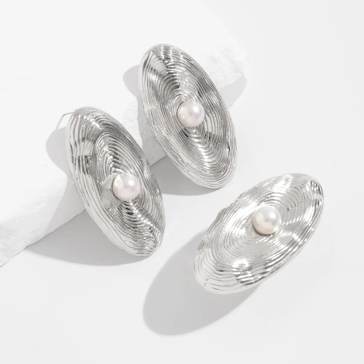 Trendy Chunky Textured Oval Pearl Earrings Ring Set