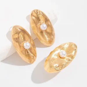 Trendy Chunky Textured Oval Pearl Earrings Ring Set