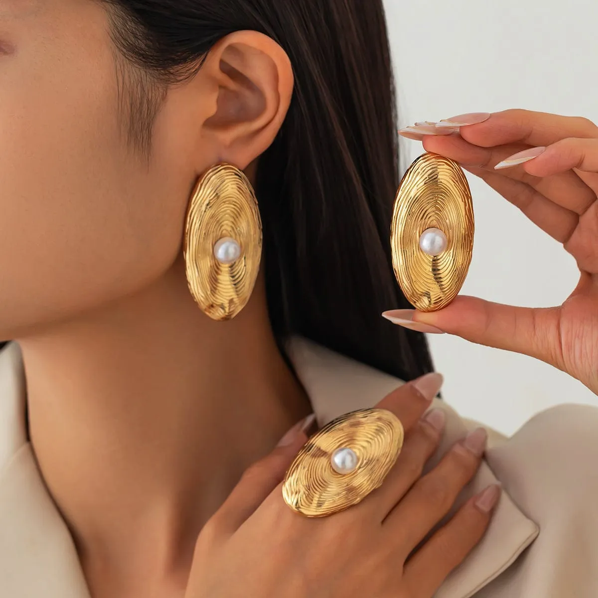 Trendy Chunky Textured Oval Pearl Earrings Ring Set