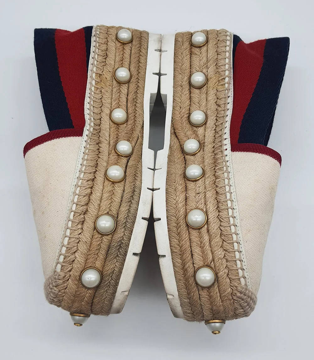 Tricolor Web Linen Pearl Studded Espadrilles
