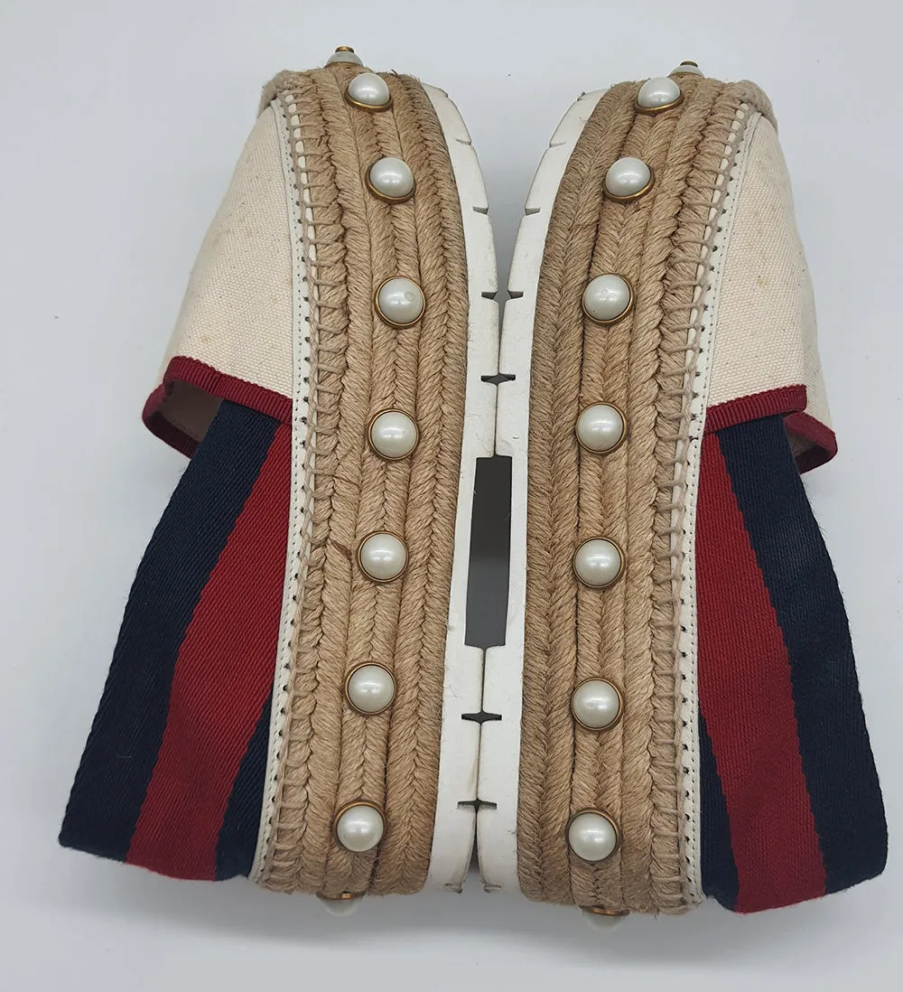Tricolor Web Linen Pearl Studded Espadrilles