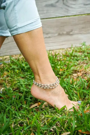 Triple Strand White Turquoise Boho Silver Anklet