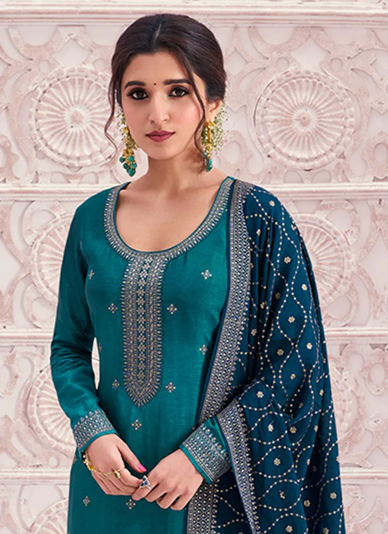 Turquoise And Blue Embroidery Pakistani Pant Suit