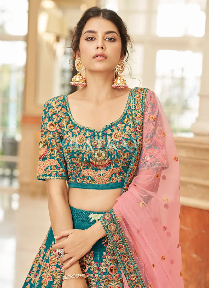 Turquoise And Pink Embroidery Wedding Lehenga Choli