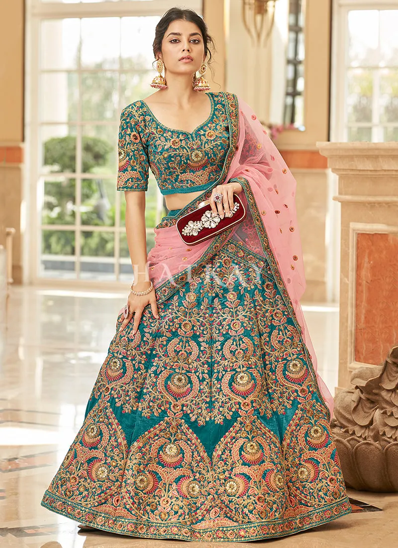 Turquoise And Pink Embroidery Wedding Lehenga Choli