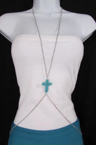 Turquoise Cross Charm Silver Metal Body Chain