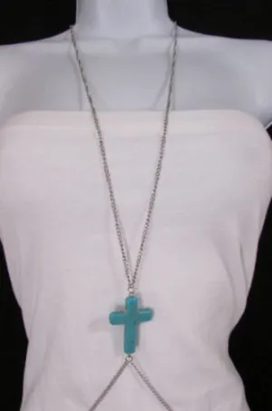 Turquoise Cross Charm Silver Metal Body Chain