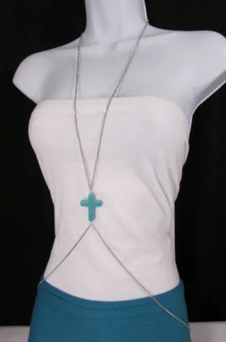 Turquoise Cross Charm Silver Metal Body Chain