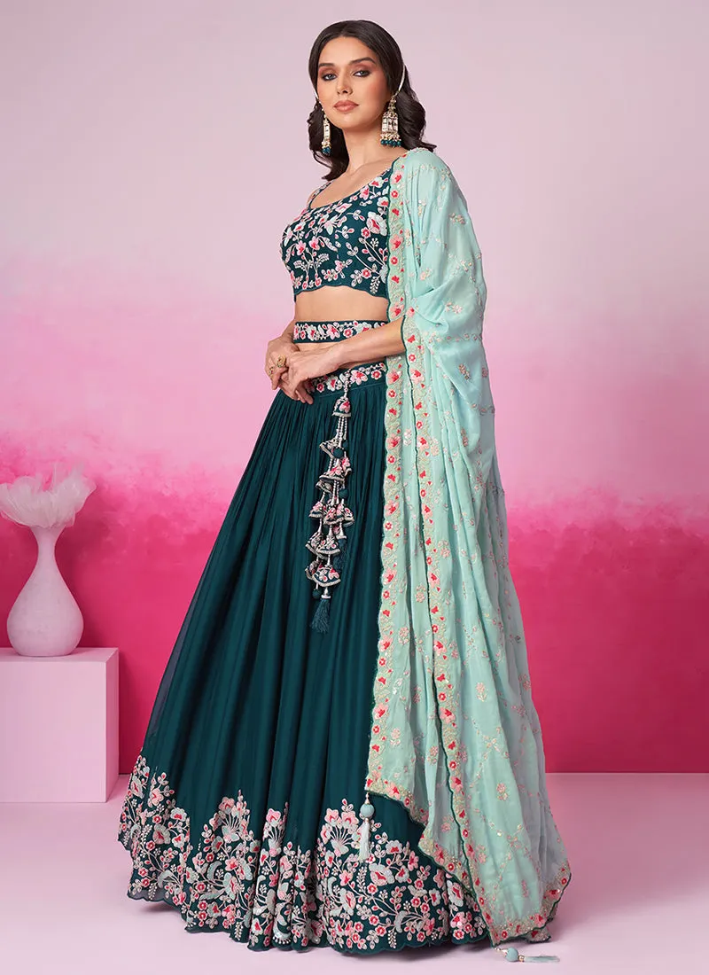 Turquoise Multi Embroidered Bridal Lehenga Choli