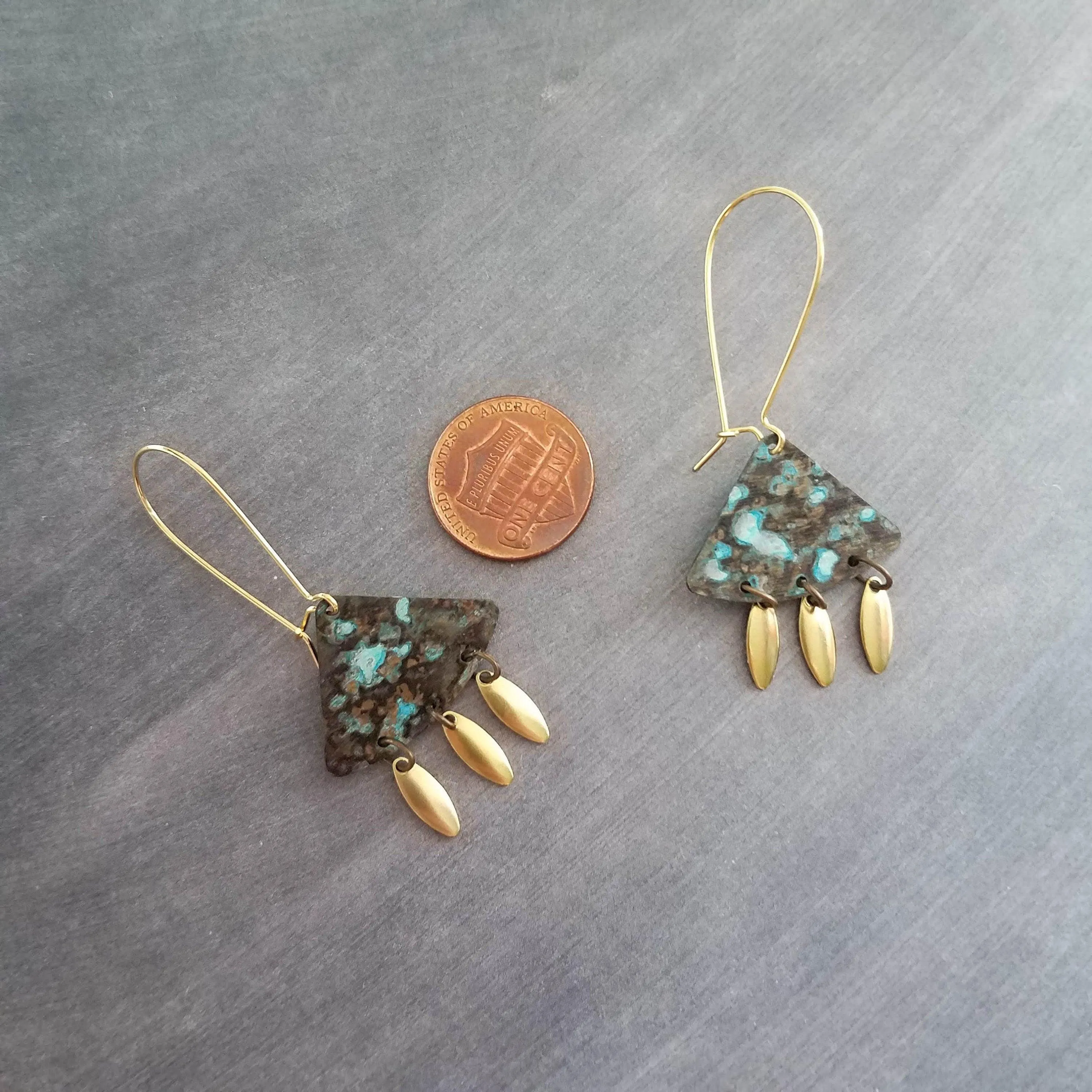 Turquoise Patina Chandelier Earrings, gold oval drops, boho dangle earring, triangle chandelier, wedge earring, sector chandelier blue green