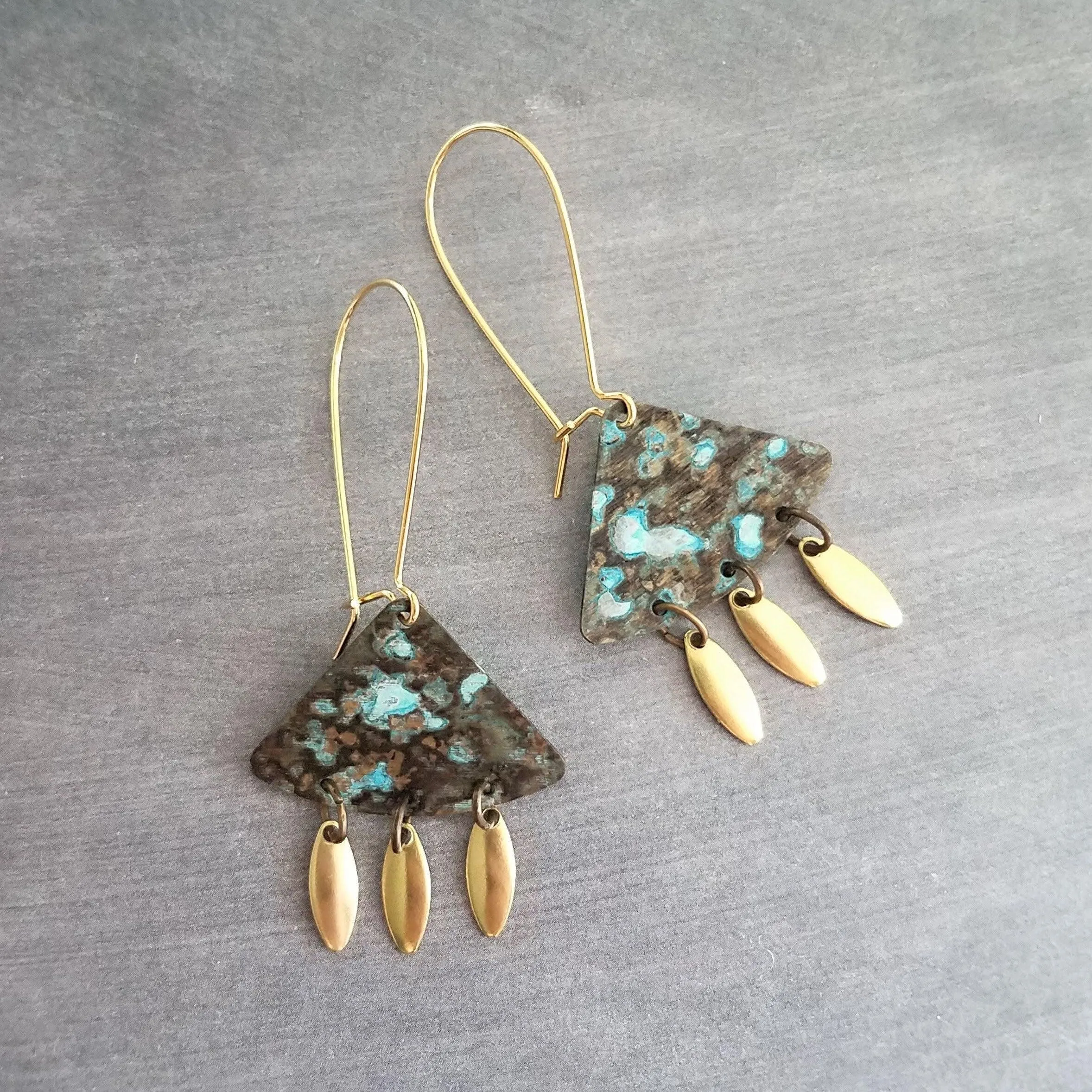 Turquoise Patina Chandelier Earrings, gold oval drops, boho dangle earring, triangle chandelier, wedge earring, sector chandelier blue green