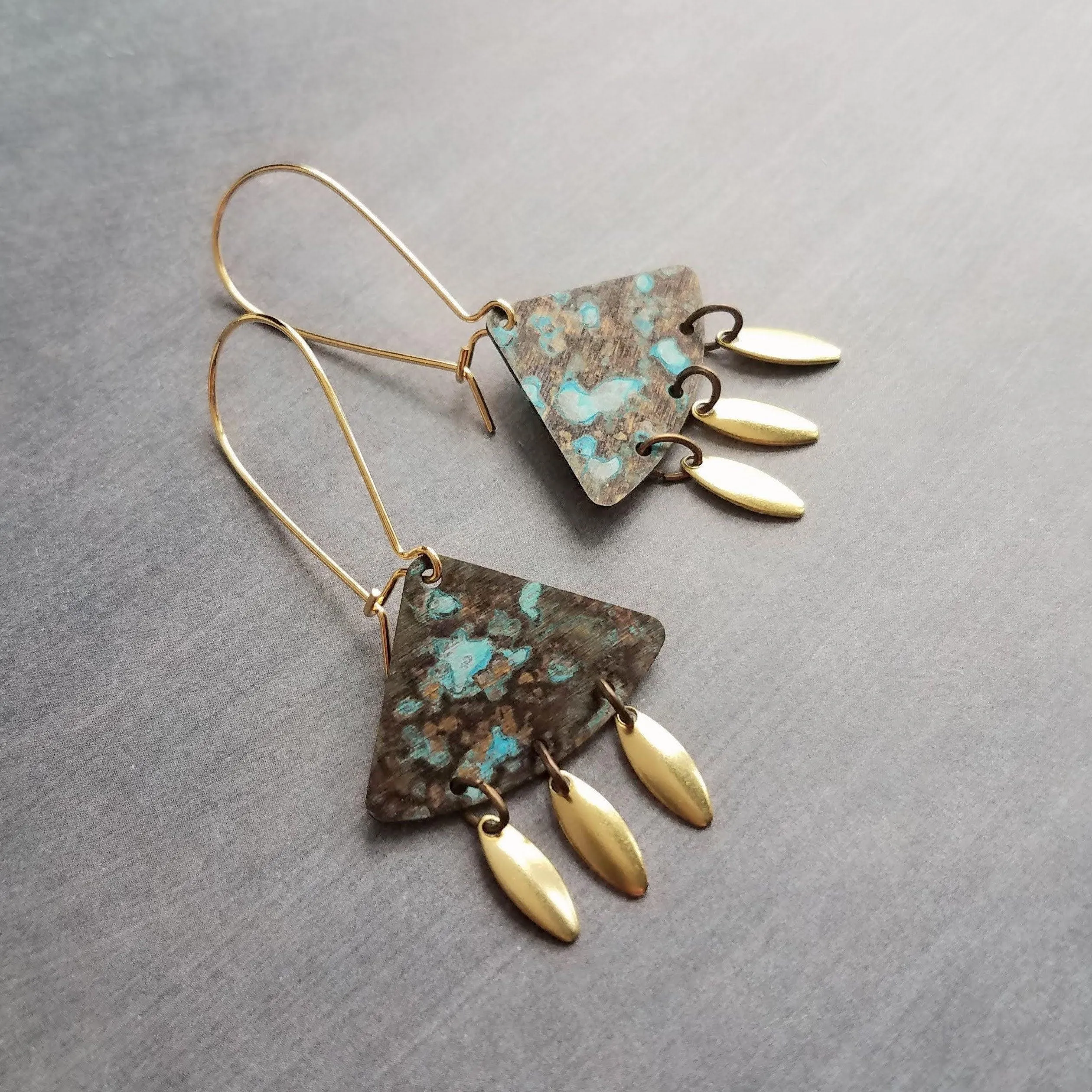 Turquoise Patina Chandelier Earrings, gold oval drops, boho dangle earring, triangle chandelier, wedge earring, sector chandelier blue green