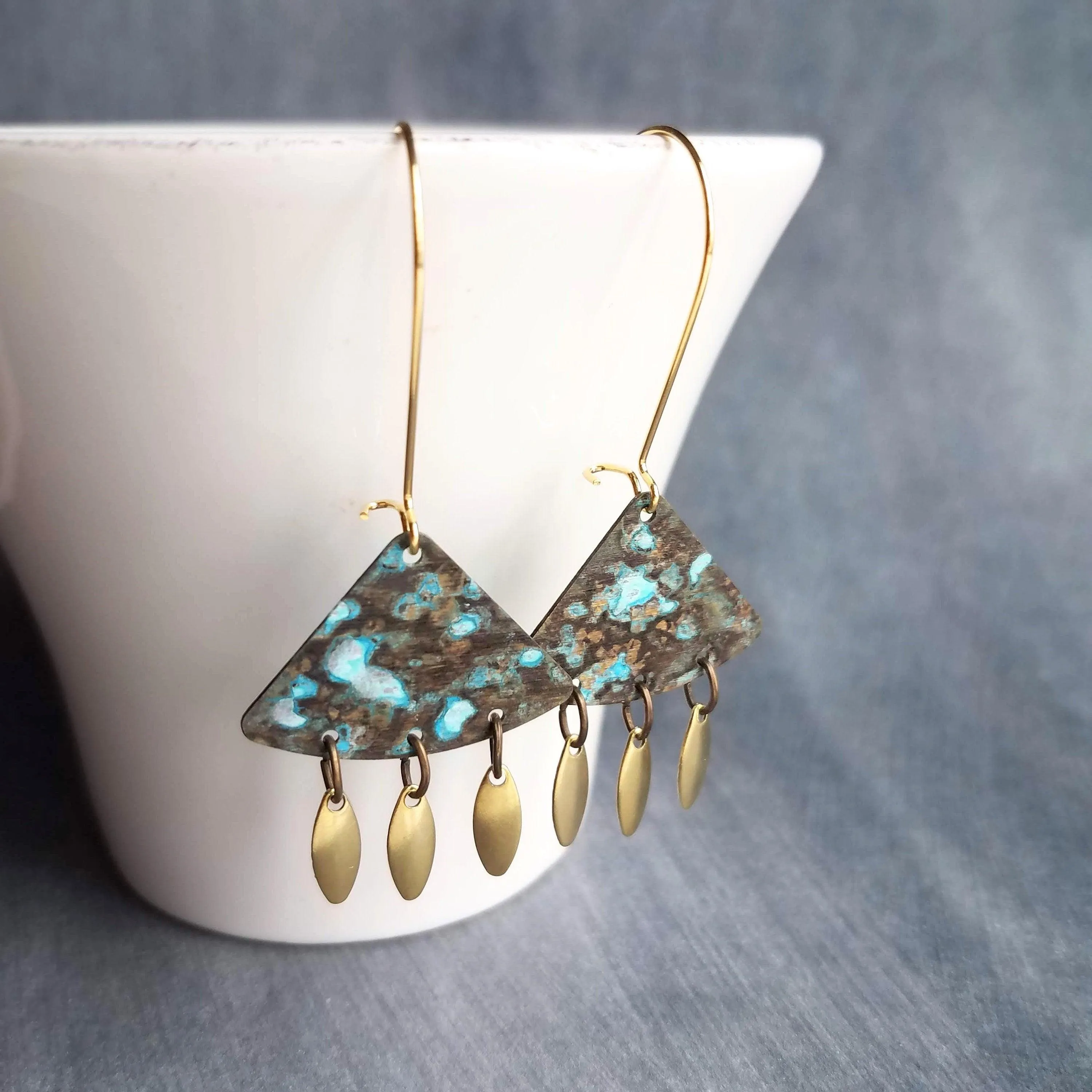 Turquoise Patina Chandelier Earrings, gold oval drops, boho dangle earring, triangle chandelier, wedge earring, sector chandelier blue green