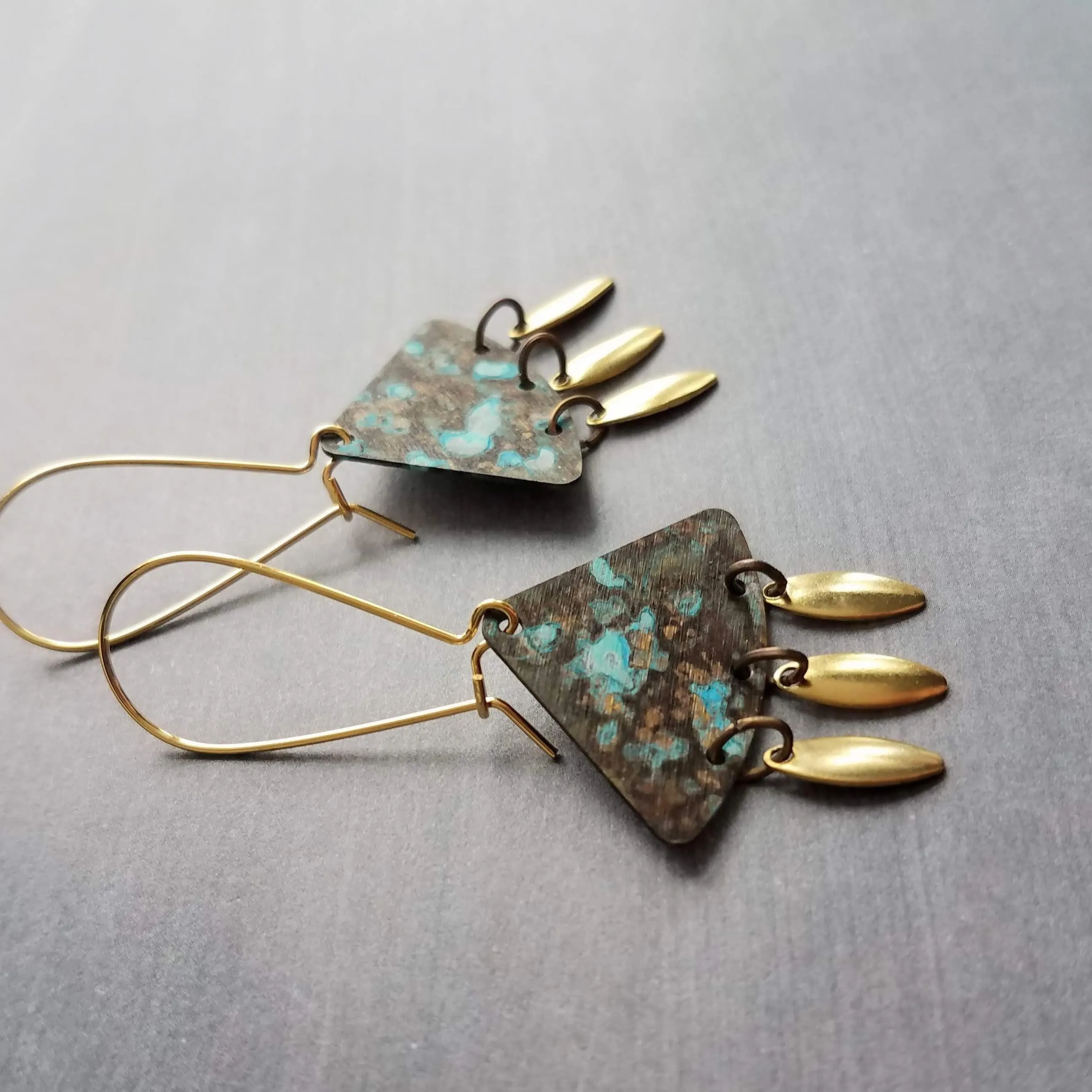 Turquoise Patina Chandelier Earrings, gold oval drops, boho dangle earring, triangle chandelier, wedge earring, sector chandelier blue green