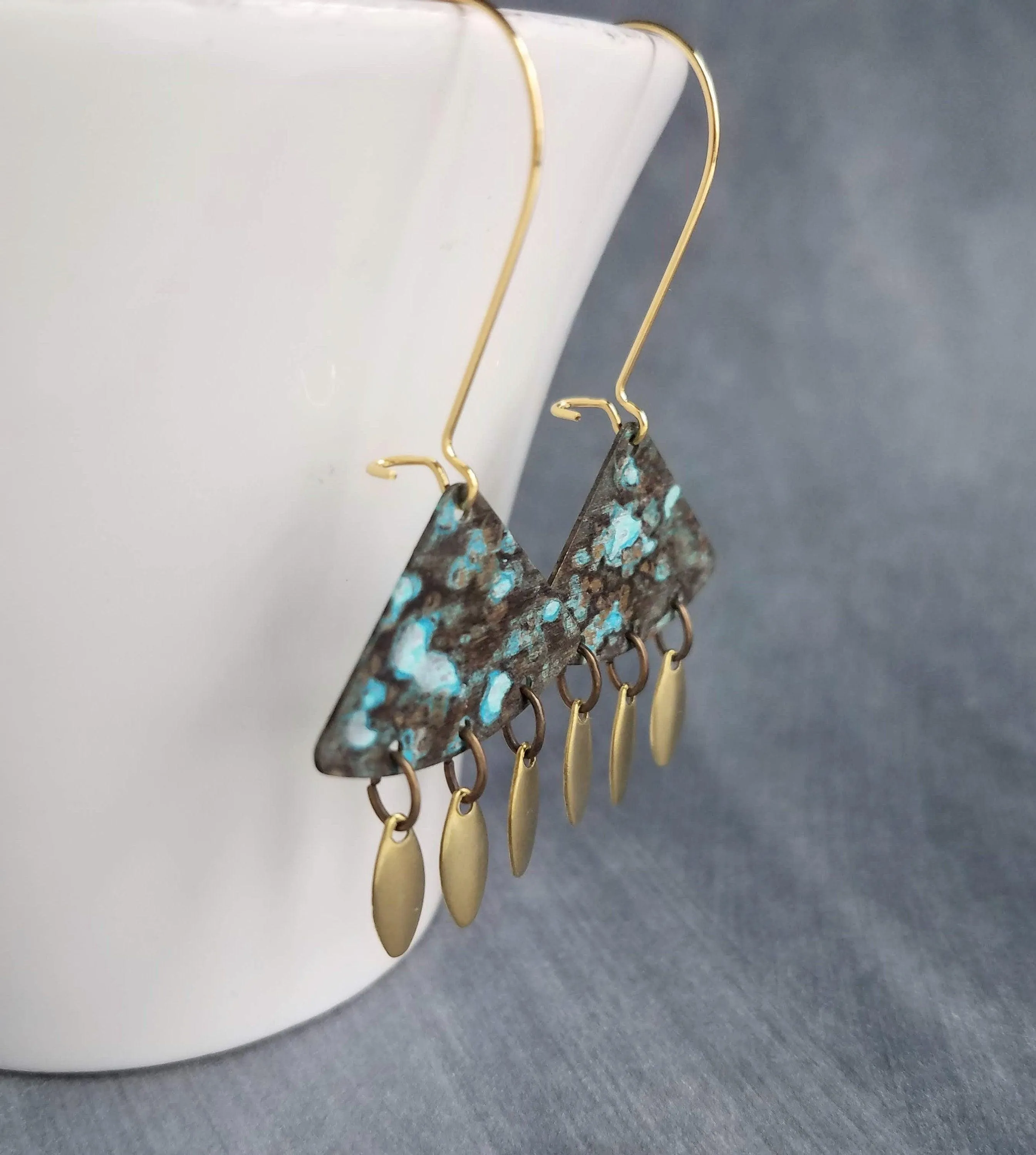 Turquoise Patina Chandelier Earrings, gold oval drops, boho dangle earring, triangle chandelier, wedge earring, sector chandelier blue green