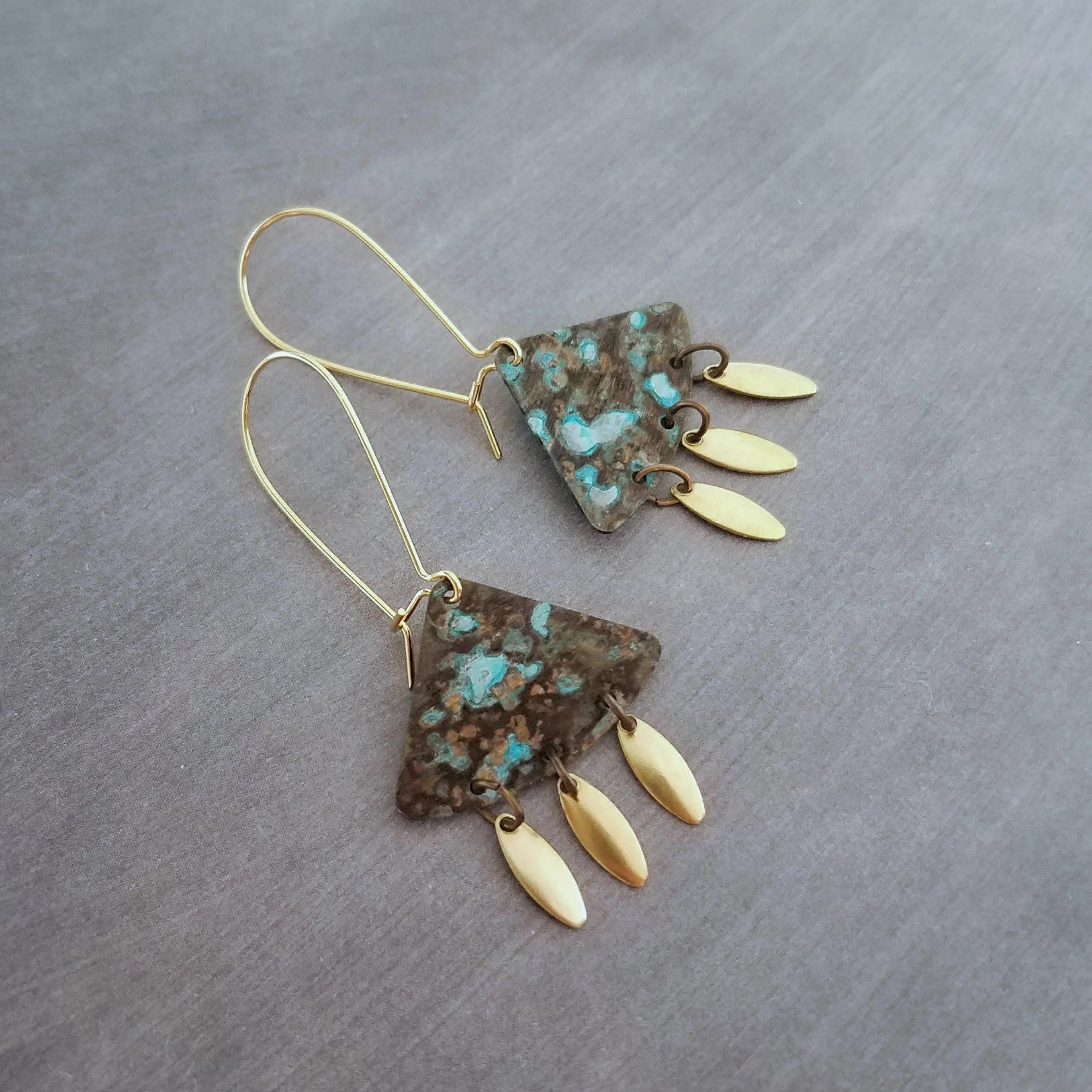 Turquoise Patina Chandelier Earrings, gold oval drops, boho dangle earring, triangle chandelier, wedge earring, sector chandelier blue green
