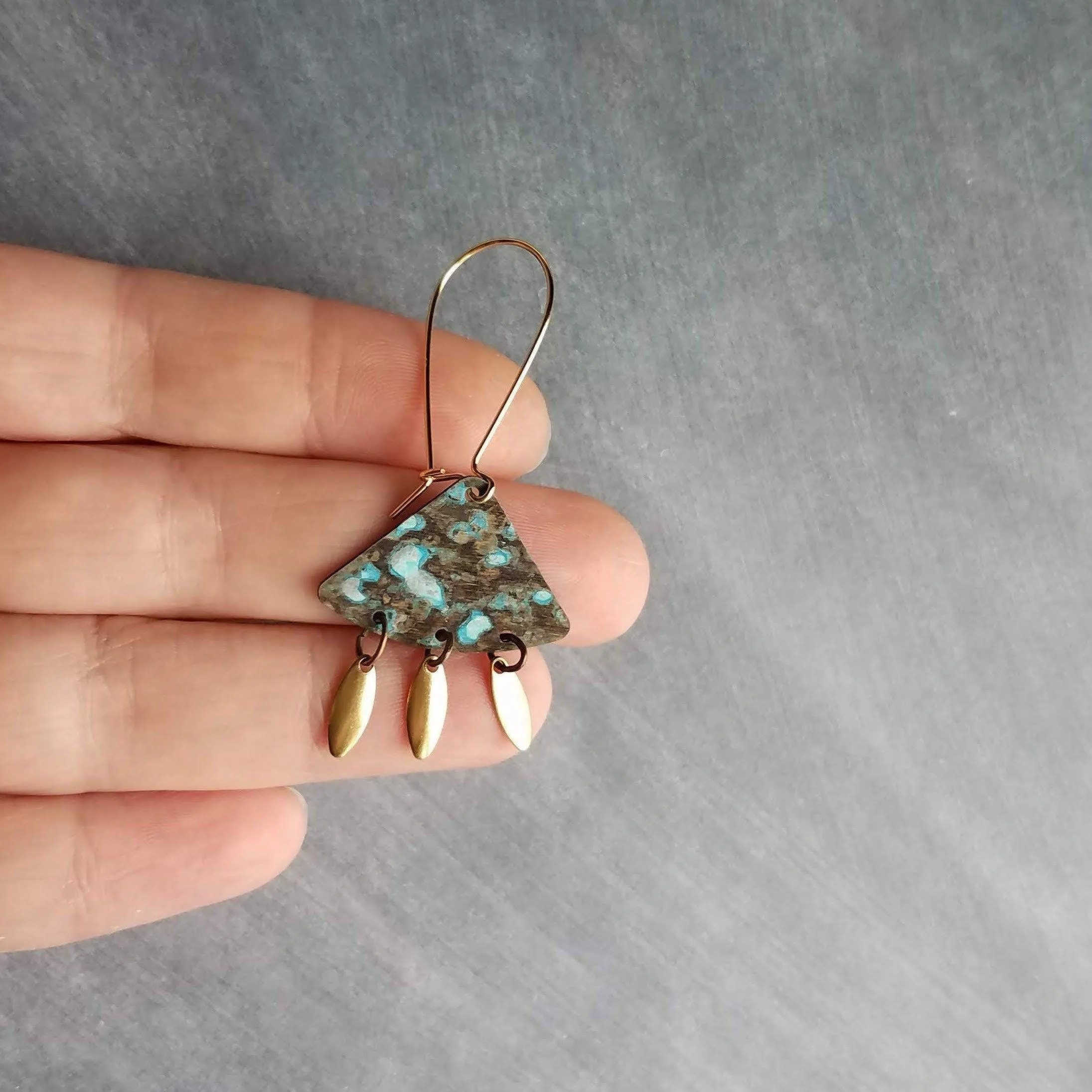 Turquoise Patina Chandelier Earrings, gold oval drops, boho dangle earring, triangle chandelier, wedge earring, sector chandelier blue green
