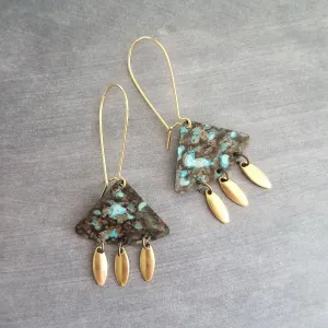 Turquoise Patina Chandelier Earrings, gold oval drops, boho dangle earring, triangle chandelier, wedge earring, sector chandelier blue green