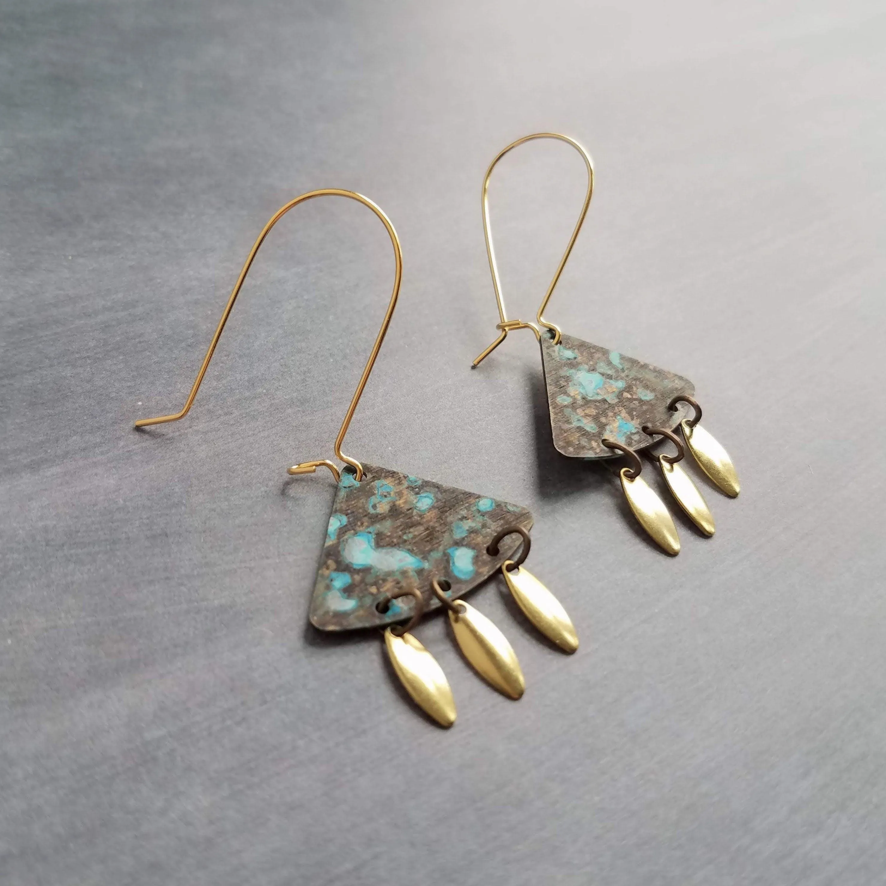 Turquoise Patina Chandelier Earrings, gold oval drops, boho dangle earring, triangle chandelier, wedge earring, sector chandelier blue green