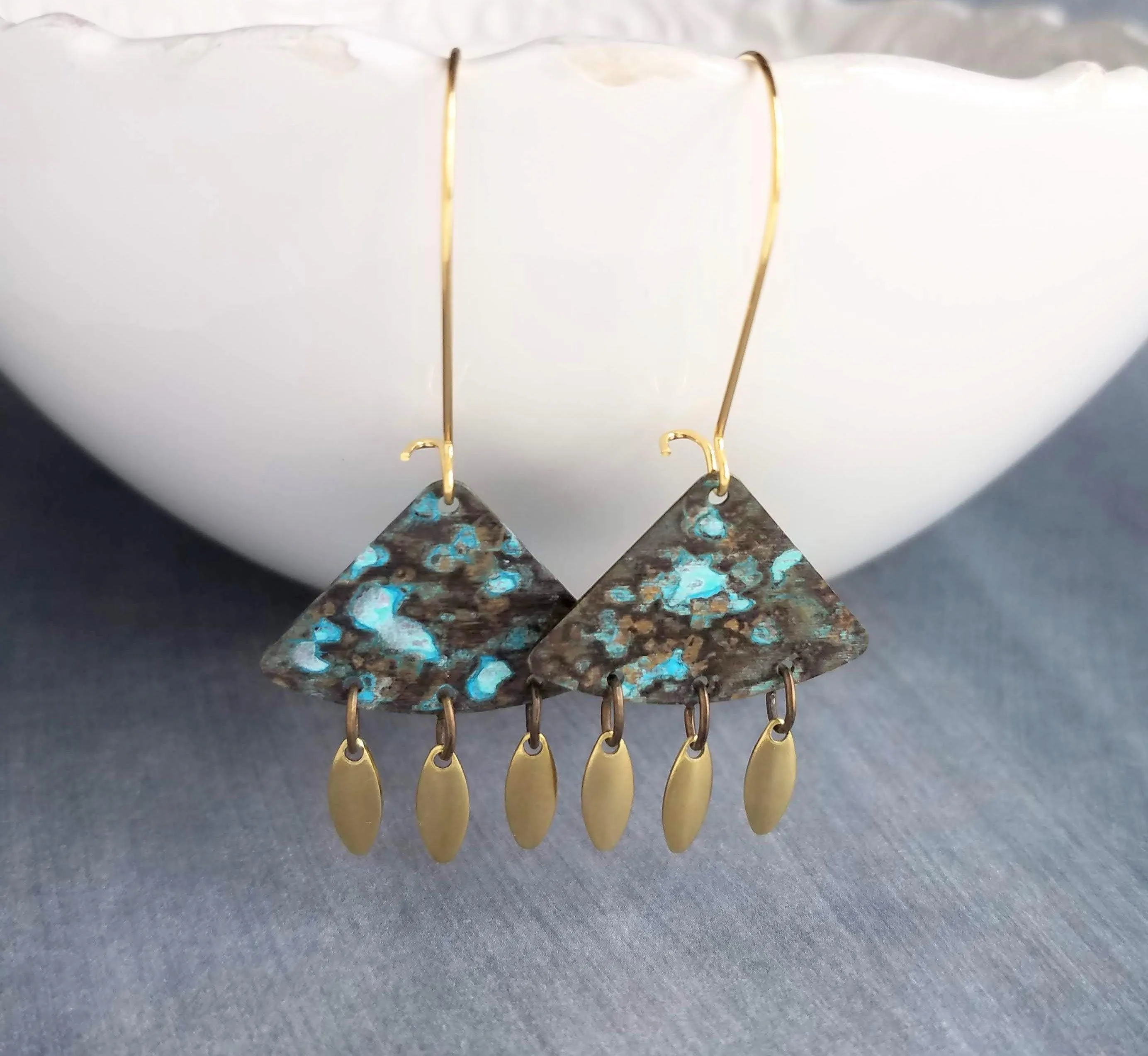 Turquoise Patina Chandelier Earrings, gold oval drops, boho dangle earring, triangle chandelier, wedge earring, sector chandelier blue green