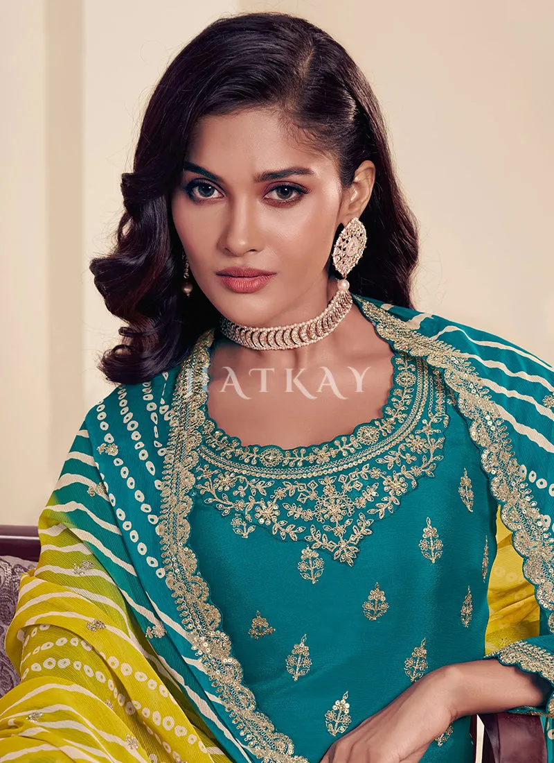 Turquoise Reshamkari Embroidery Sharara Suit