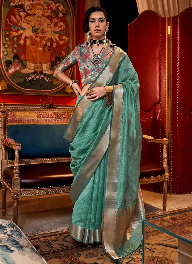Turquoise Zari Brocade Handloom Silk Saree