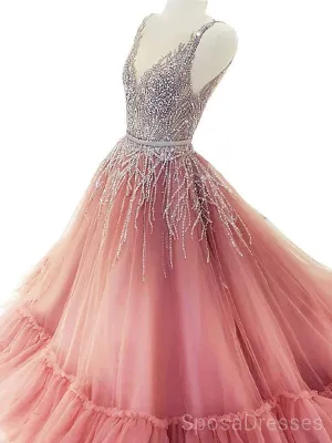 V Neck Sparkly Tulle A-line Peach Long Evening Prom Dresses, Cheap Custom Sweet 16 Dresses, 18506