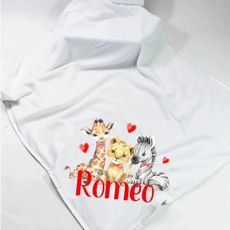 Valentines Safari Bow Tie Minky Soft Printed Personalised Blanket - Various Coloured Blankets