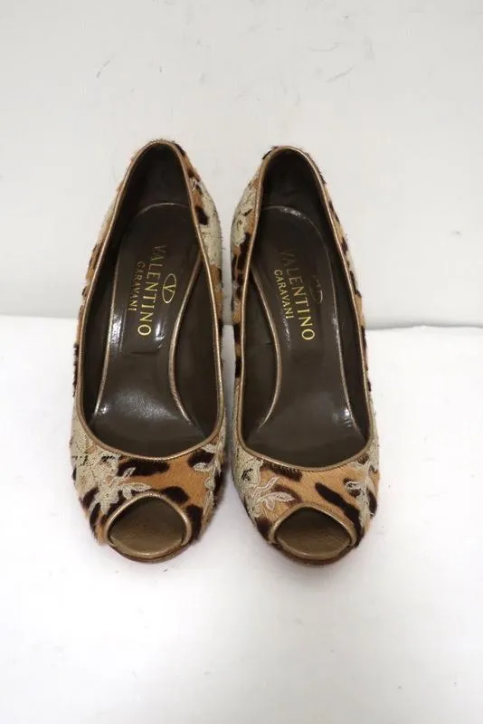 Valentino Wedge Pumps Leopard Print Calf Hair and Lace Size 37 Peep Toe Heel