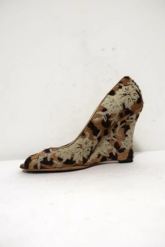 Valentino Wedge Pumps Leopard Print Calf Hair and Lace Size 37 Peep Toe Heel
