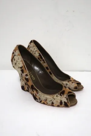 Valentino Wedge Pumps Leopard Print Calf Hair and Lace Size 37 Peep Toe Heel