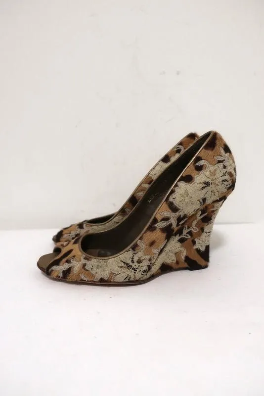 Valentino Wedge Pumps Leopard Print Calf Hair and Lace Size 37 Peep Toe Heel