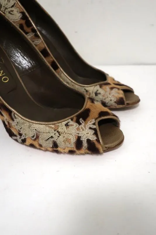 Valentino Wedge Pumps Leopard Print Calf Hair and Lace Size 37 Peep Toe Heel