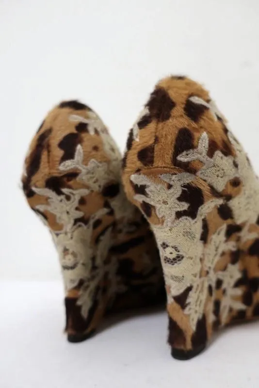 Valentino Wedge Pumps Leopard Print Calf Hair and Lace Size 37 Peep Toe Heel